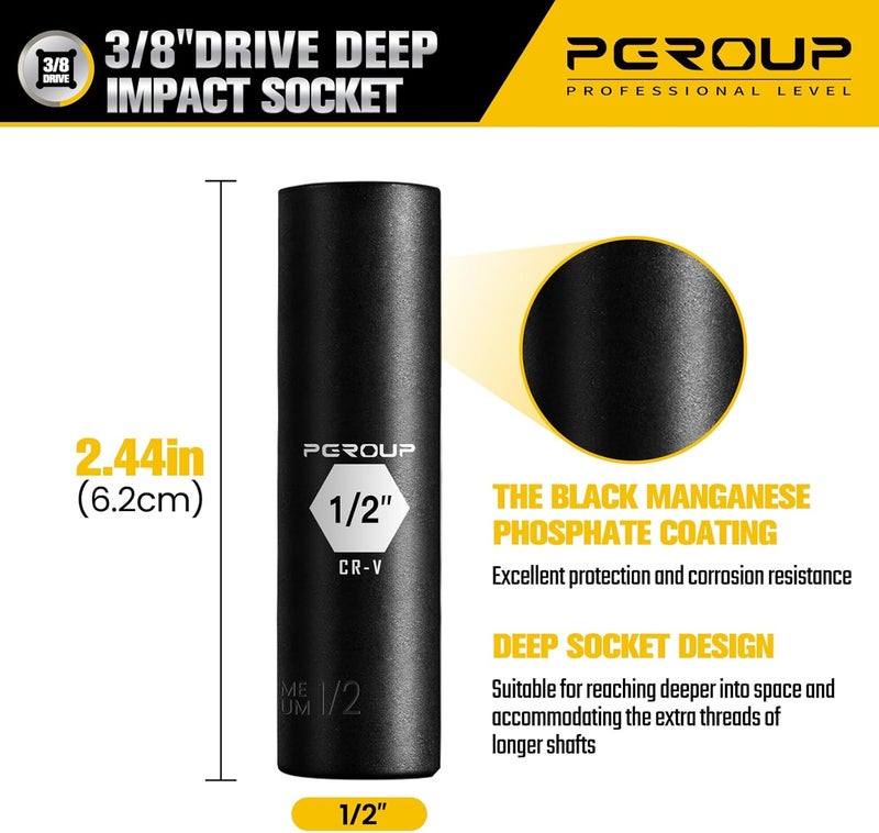pgroup 3/8” Drive Deep Impact Socket, SAE(1/2 Inch socket), 6-Point, Cr-V Steel With Black Manganese Phosphate Coating - Image 2